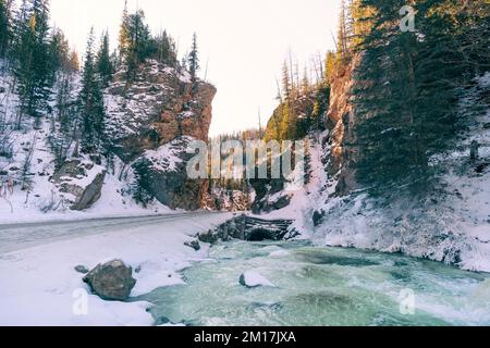 la rivière turquoise coule en hiver parmi les montagnes et les sapins. Magnifique paysage naturel d'hiver. Banque D'Images