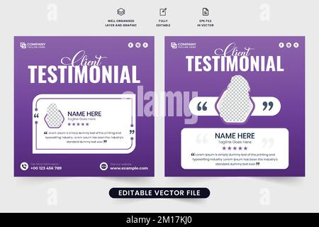 Conception du modèle d'évaluation du service commercial avec des sections de commentaires et de notation. Modèle de mise en page du témoignage client pour le marketing sur les médias sociaux. Acheteur feedbac Illustration de Vecteur