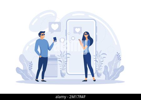 Homme et femme utilisant l'application de rencontres en ligne sur smartphone et de réunion à table, de minuscules personnes. Date aveugle, datation de vitesse, concept de service de datation en ligne. plat v Illustration de Vecteur