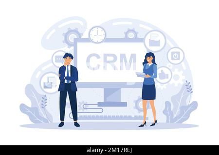 Le responsable se met en relation avec le client, et met en place une stratégie d'interaction avec le client. Gestion de la relation client, système CRM, concept de gestion des prospects CRM. Illustration de Vecteur