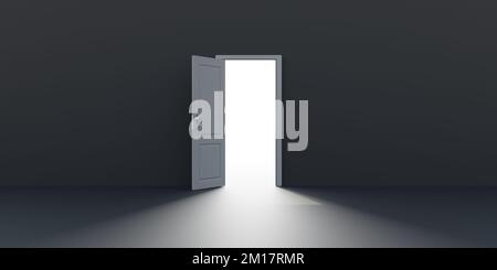 Ouvrez la porte sur un fond de mur noir vide. La lumière entre par l'ouverture dans la pièce sombre, dans l'espace de copie. 3d rendu Banque D'Images