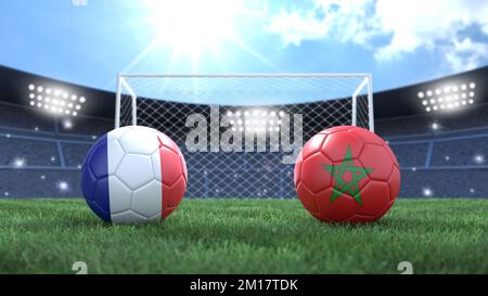 Deux ballons de football aux couleurs des drapeaux sur un fond flou du stade. France contre Maroc. 3d image Banque D'Images