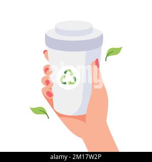 Main de femme tenant une tasse en papier avec une affiche de recyclage et des feuilles. Mode de vie durable, zéro déchet, concept écologique. Illustration vectorielle dans carto Illustration de Vecteur