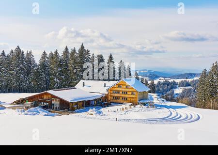 Cour avec maison Appenzell à façade en bois et exposition sud, point de vue de Gäbris, canton Appenzell Ausserrhoden, Schzweiz Banque D'Images