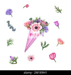 Un bouquet d'anémone aquarelle. Fleurs avec feuilles vertes en papier rose isolées sur fond blanc. Saint-Valentin, Fête des mères. Pour carte postale Banque D'Images