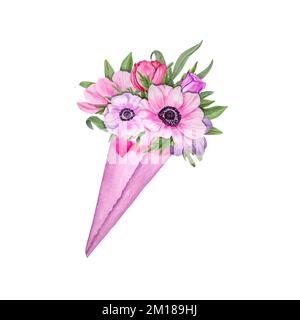 Un bouquet d'anémone aquarelle. Fleurs avec feuilles vertes en papier rose isolées sur fond blanc. Saint-Valentin, Fête des mères. Pour carte postale Banque D'Images