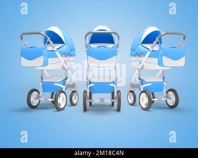 3d illustration d'un groupe de chariots de bébé berceau avec panier pour les promenades vue de face sur fond bleu avec ombre Banque D'Images