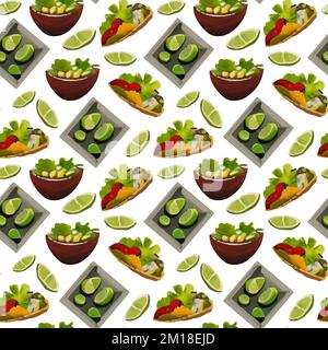 Motif composé de plats mexicains traditionnels. Taco, burrito, lime. Motif sans couture dans un style de dessin animé. Illustration de Vecteur