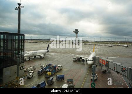 Bagages chargés dans Pegasus Airline en route vers Istanbul, à l'aéroport de Berlin Brandenburg, debout par Lufthansa Banque D'Images