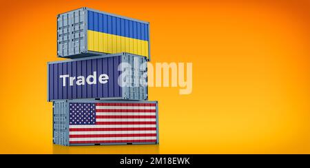 Conteneurs de marchandises avec drapeaux nationaux des États-Unis et de l'Ukraine. 3D rendu Banque D'Images