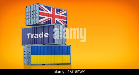 Conteneurs de marchandises avec drapeaux nationaux du Royaume-Uni et de l'Ukraine. 3D rendu Banque D'Images