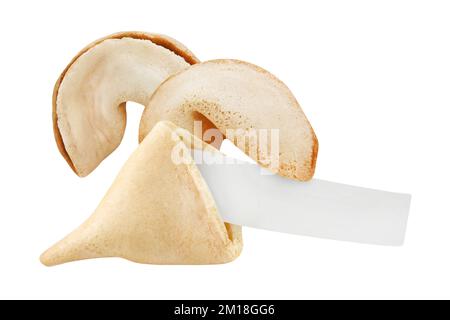 Biscuits fortune et étiquette vierge isolée sur fond blanc Banque D'Images
