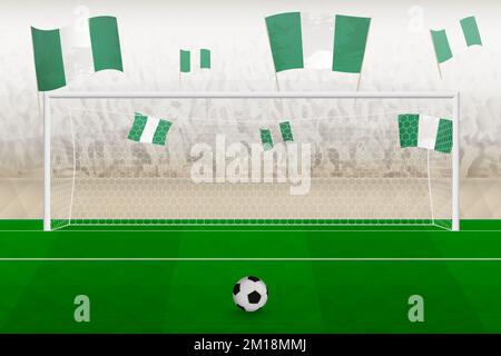 Les fans de l'équipe de football du Nigeria avec des drapeaux du Nigeria applaudissent au stade, le concept de penalty kick dans un match de football. Illustration de vecteur sportif. Illustration de Vecteur