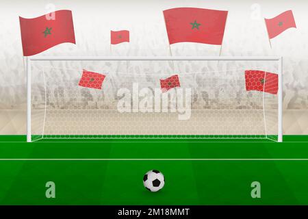 Les fans de l'équipe de football du Maroc avec drapeaux du Maroc applaudissent au stade, le concept de penalty kick dans un match de football. Illustration de vecteur sportif. Illustration de Vecteur