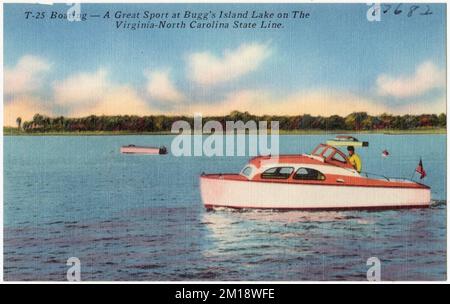 T-25. Canotage -- Un grand sport à Bugg's Island Lake sur la ligne d'état de Virginie - Caroline du Nord, bateaux, lacs et étangs, Tichnor Brothers Collection, cartes postales des États-Unis Banque D'Images