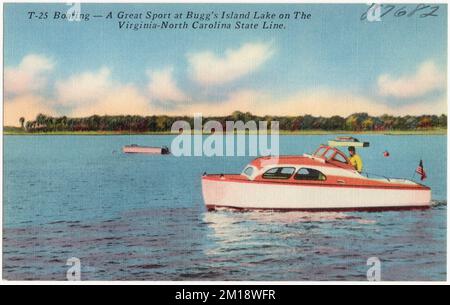 T-25. Canotage -- Un grand sport à Bugg's Island Lake sur la ligne d'état de Virginie - Caroline du Nord, bateaux, lacs et étangs, Tichnor Brothers Collection, cartes postales des États-Unis Banque D'Images