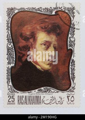 Photo d'un timbre-poste de Ras al Khaimah Frédéric Chopin 1810-1859 par Eugène Delacroix 1798-1863 Composeurs sur la série de peintures 1969 Banque D'Images