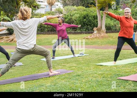 Personnes âgées faisant des cours de yoga dans le parc de la ville - Focus sur le visage de femme africaine Banque D'Images