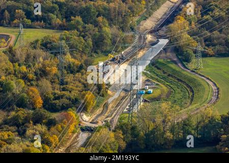 Vue aérienne, renaturation de la rivière Boye dans le quartier des Boy à Bottrop, région de la Ruhr, Rhénanie-du-Nord-Westphalie, Allemagne, travaux de construction, Zone du bâtiment, Buildin Banque D'Images