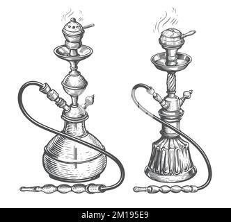 Ensemble de narguilé pour fumeurs. Illustration vectorielle dessinée à la main avec un style de gravure vintage Illustration de Vecteur