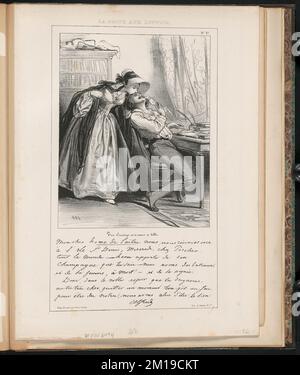 Ton concierge m'a remis ce billet. (Ces mois sont écrits en caractères différents de ce qui suit) - mon cher home de maître. - Ces trois derniers mois mots soufflés. - Nous nous reunissons - à l'ile St Denis, mercredi, chez Porcher - tout le monde. - Léon répartition de son - Champagne que tu sais - nous avons des bateaux - et de la femme, à mort! - et de la bougie. - Donc, dans le noble espoir que tu daigeras, - notre très cher, quitter un moment ton pot-au-feu - pour être des notres, nous avons celui d'être le tien. - Alfred ,. Paul Gavarni (1804-1866). Lithographies et autres œuvres Banque D'Images