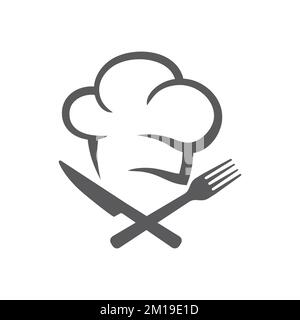 Logo du restaurant, symbole de la nourriture avec chapeau de chef. Couteau de cuisine croisé et fourchette, icône de vecteur de cuisson. Illustration de Vecteur