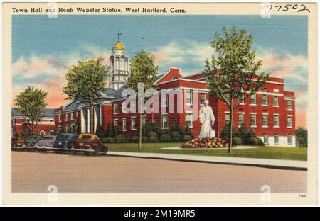 Hôtel de ville et statue de Noah Webster, West Hartford, Connecticut , City & Town Hhalls, monuments et monuments commémoratifs, Tichnor Brothers Collection, cartes postales des États-Unis Banque D'Images