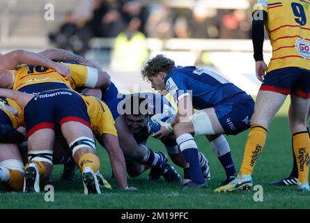 Salford, Royaume-Uni. 11th décembre 2022 ; AJ Bell Stadium, Salford, Lancashire, Angleterre ; Heineken Rugby Champions Cup, sale Sharks versus Ulster Rugby; Gus Warr of sale Sharks alimente la mêlée Credit: Action plus Sports Images/Alamy Live News Banque D'Images