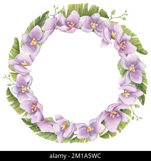 Couronne tropicale d'aquarelle fleurs d'orchidée pourpre et feuilles de palmier vertes. Illustration dessinée à la main d'un cadre rond avec des plantes exotiques sur fond isolé. Dessin floral pour cartes de vœux. Banque D'Images
