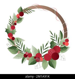 Couronne de Noël avec branches de houx, branches de pin et fleurs de poinsettia en chute de neige sur fond de niveaux de gris Banque D'Images