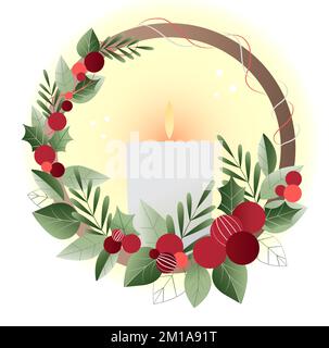 Couronne de Noël avec branches de houx, branches de pin et fleurs de poinsettia en chute de neige sur fond de niveaux de gris Banque D'Images