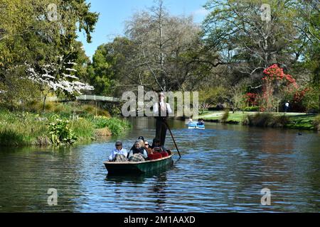 CHRISTCHURCH, NOUVELLE-ZÉLANDE, 16 SEPTEMBRE 2022, les touristes apprécient une promenade en bateau sur la rivière Avon en passant par les jardins botaniques de Christchurch, Nouvelle-Zélande, Banque D'Images