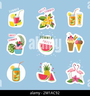 Symboles d'été. cocktails à la crème glacée et aux fleurs de flamants roses. modèle d'autocollants vectoriels Illustration de Vecteur