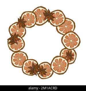 Couronne de Noël avec biscuits, cupcake, bâtons de cannelle, orange, étoile anis. Conception de l'emballage. Banque D'Images