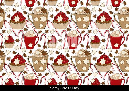 Motif de Noël sans couture, tasses de café et friandises. illustration dessinée à la main. Banque D'Images