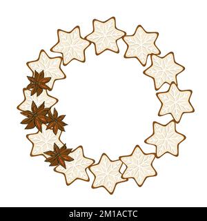 Couronne de Noël avec biscuits, cupcake, bâtons de cannelle, orange, étoile anis. Conception de l'emballage. Banque D'Images