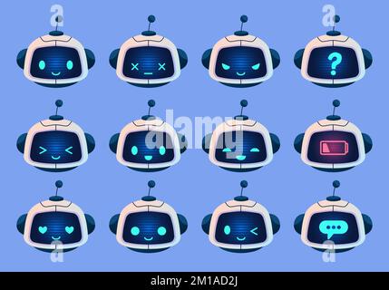 Émotions de robot de dessin animé. Visages android drôle avec des expressions différentes, sourires de cyborg mignon, petits caractères humanoïdes, intelligence artificielle Illustration de Vecteur