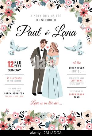 Jolie mariée et marié. Invitation cérémonie de mariage poster design, couple amoureux, newlyweds fête romantique, événement officiel, modèle de carte, vecteur ordonné Illustration de Vecteur
