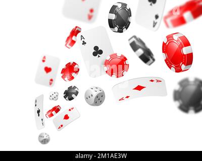 Jetons et lacets volants. Éléments de jeu réalistes, 3D cartes, différentes combinaisons de jeu et jetons de jeu de casino rouge et noir, composition de jackpot Illustration de Vecteur