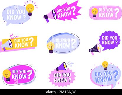 Bulle posez des questions sur les faits, saviez-vous que vous connaissez des étiquettes ? Questions marketing, connaît les bannières d'information. Autocollants graphiques vectoriels de quiz ou de publicité Illustration de Vecteur