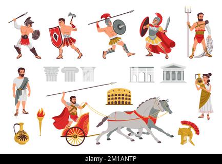 Objets et guerriers de Rome antique. Personnages de gladiateur de dessins animés. Soldats grecs sur char. Les hommes dans les armures. Éléments architecturaux. Chasseur avec Illustration de Vecteur