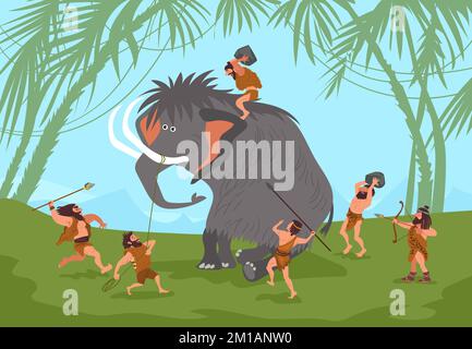 Caricature de cavemen de chasse. Les personnes de l'âge de pierre avec des lances et des flèches. Armes primitives. Extraction alimentaire préhistorique. Chasseurs attaquant l'animal Illustration de Vecteur