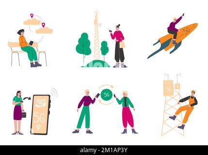 Caricature de personnes utilisant 5G. Communications à grande vitesse. Réseau mobile. Technologies Wi-Fi. Tours de transmetteur. Télécommunications sans fil. Cellulaire Illustration de Vecteur