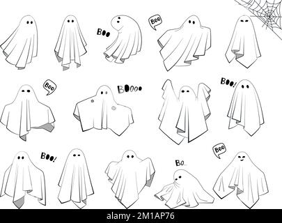 Des personnages de maboo effrayants pour les enfants. Ensemble de jolis Ghosts en tissu avec des visages effrayants, effrayants et drôles de dessin animé. Collection de fantômes magiques volants sur fond blanc. Illustration vectorielle du symbole Halloween Illustration de Vecteur