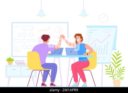Collègues de haut cinq. Souriez les cadres donnant 5 dans le bureau, travailleur professionnel ou homme d'affaires main Gesture partenaire célébration accomplie, illustration vectorielle de la coopération ensemble équipe Illustration de Vecteur