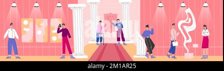 Personnes dans le hall d'exposition. Les visiteurs du musée voient des sculptures et des peintures. Pièces d'art à l'intérieur. Patrimoine culturel. Les personnes regardent moderne Illustration de Vecteur