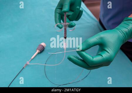 Tomographie par cohérence optique (OCT). Purger le cathéter avec du produit de contraste. Administration intraveineuse de produits de contraste pour les acquisitions CT ou MR améliorées. Cœur chat Banque D'Images