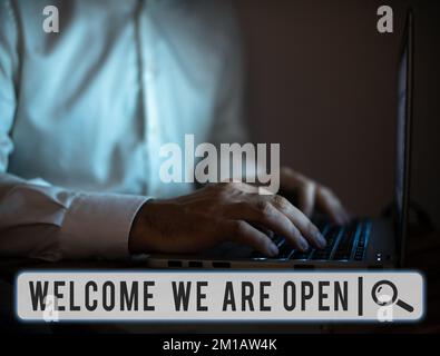 Affiche Bienvenue nous sommes ouverts. Accueil concept Internet faire partie d'un groupe de travail de nouvelles personnes Banque D'Images