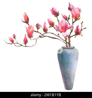 Illustration aquarelle d'une branche de magnolia dans un vase japonais isolé sur fond blanc. Décoration intérieure. Banque D'Images