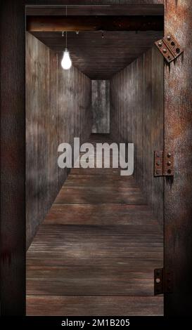 Porte Boken et couloir sombre.Rendu 3D Banque D'Images